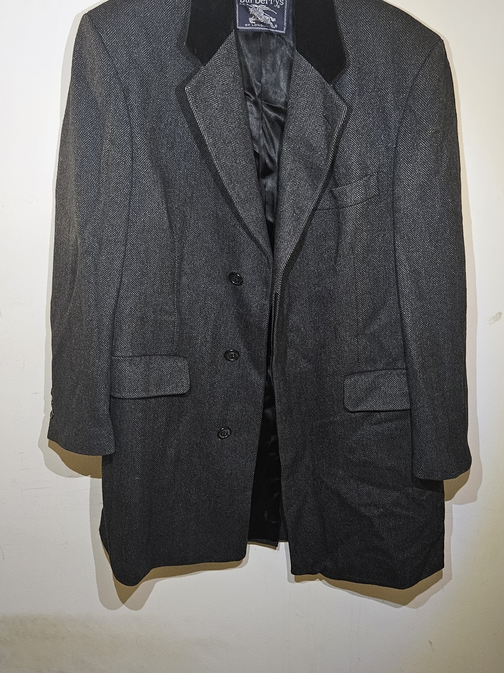 Burberry Men's Charcoal Herringbone Wool Blazer with Black Velvet Collar